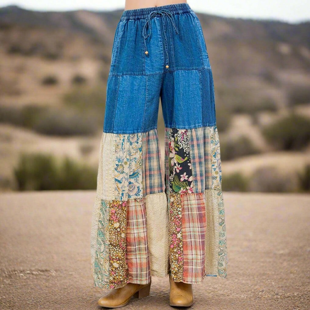 Young Threads Boho Patchwork Wide-Leg Pants - Blue Floral